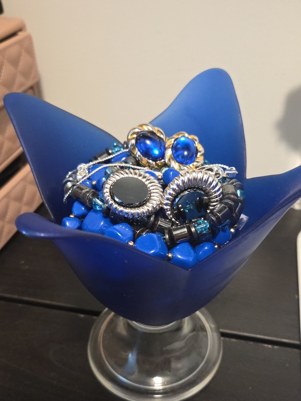 Blue Cobalt Glass Floral Vase Filled With Jewelry